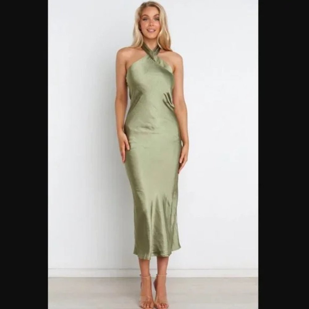 Petal & Pup Grasie Olive Green Satin Halter Maxi Dress 10